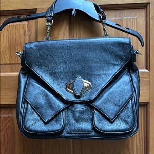 Black Structured Leather (faux) Shoulder Bag with Envelope Flap